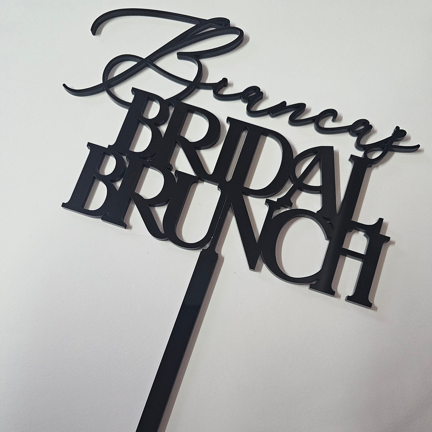 Custom "Bianca's Bridal Brunch" acrylic cake topper with stylish script, perfect for bridal showers, engagement parties, and wedding brunches.
