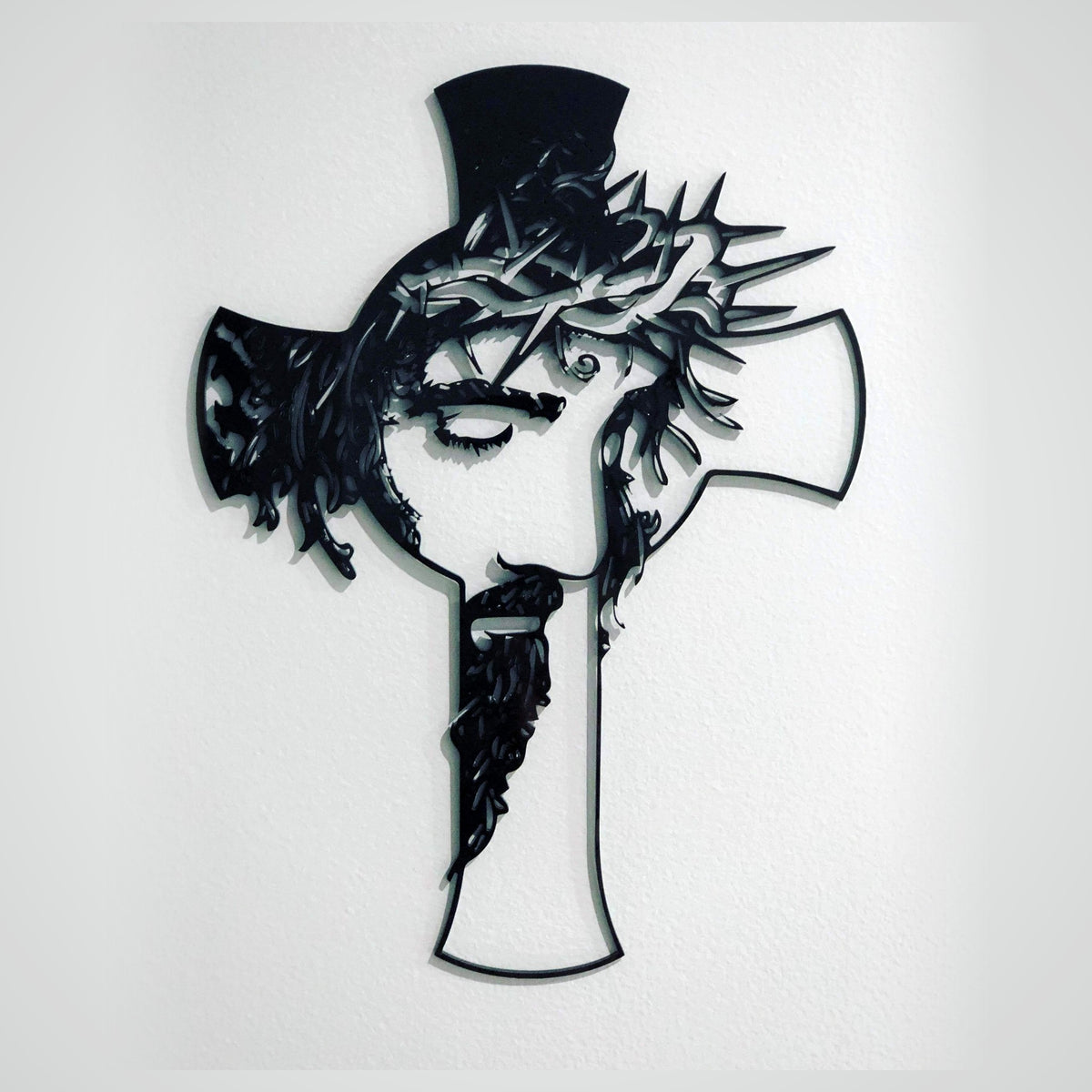 Black acrylic Jesus face wall cross with crown of thorns - modern religious wall art