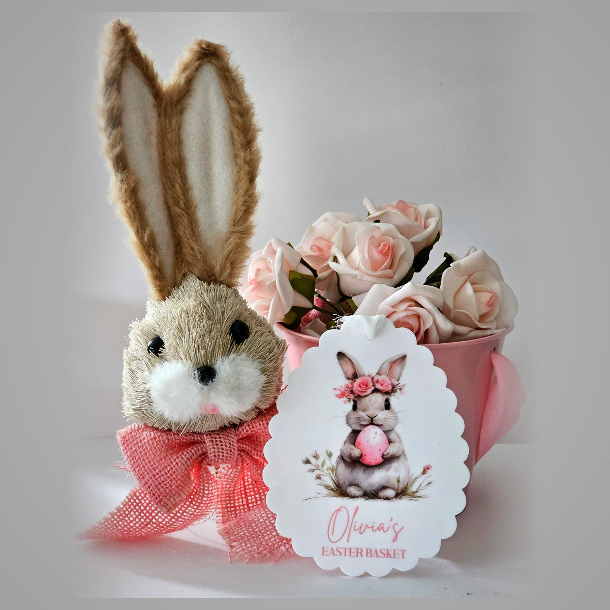 Scalloped acrylic Easter basket name tag with pink bunny print - personalised kids Easter gift