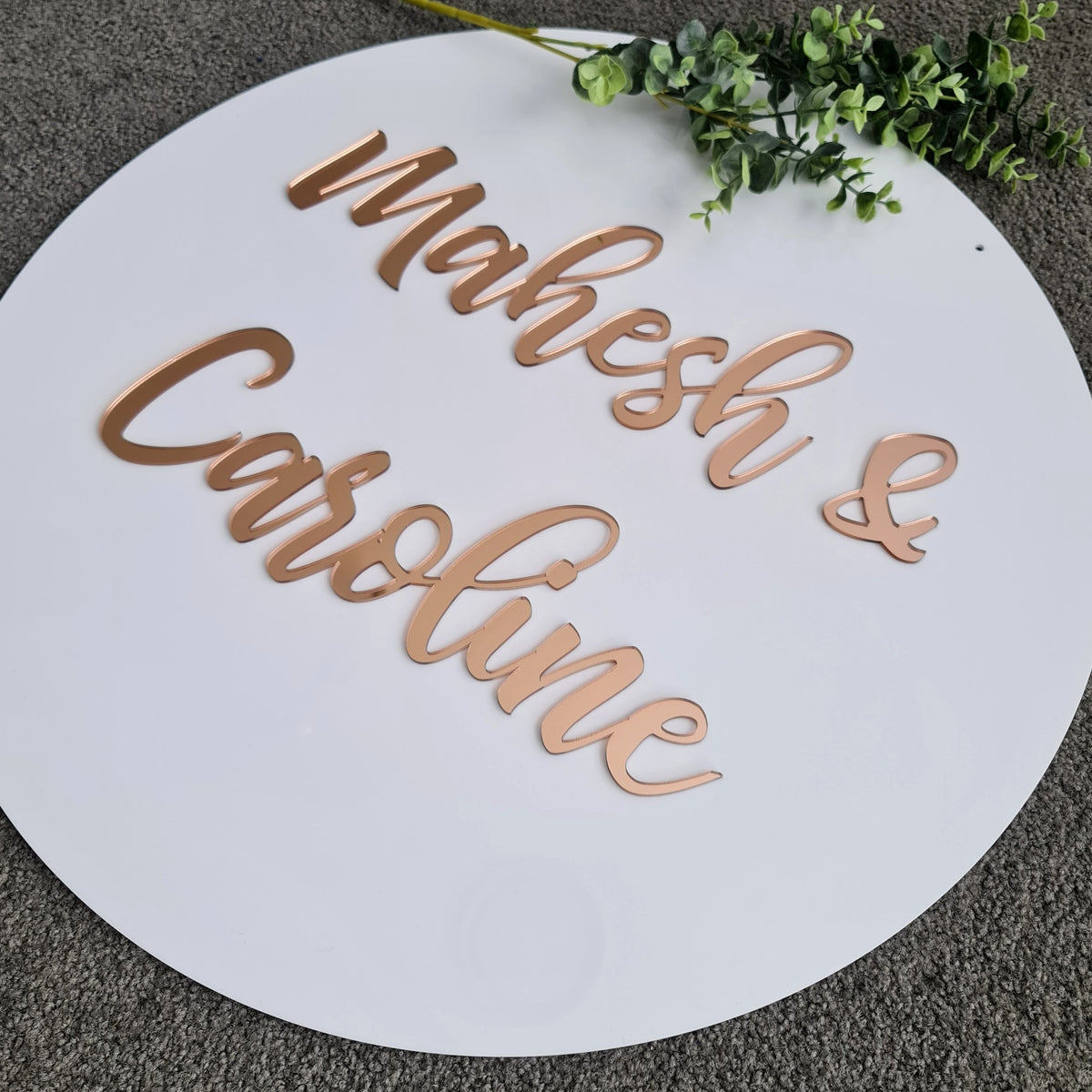 Round white wedding sign with rose gold mirror acrylic couple names - personalised wedding and engagement decor