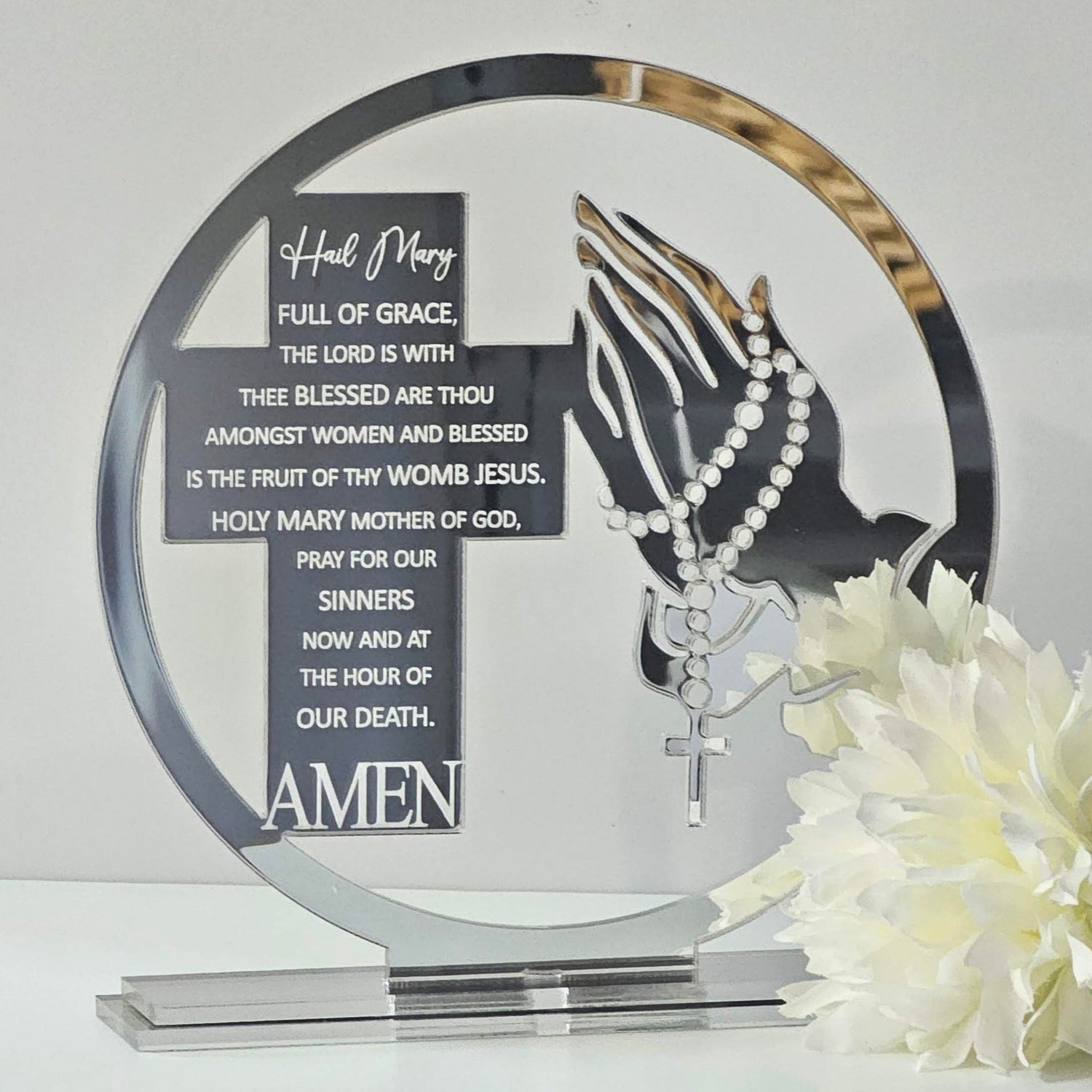 Acrylic Hail Mary prayer cross with rosary motif, displayed in a gift box with ribbon and personalised name tag.