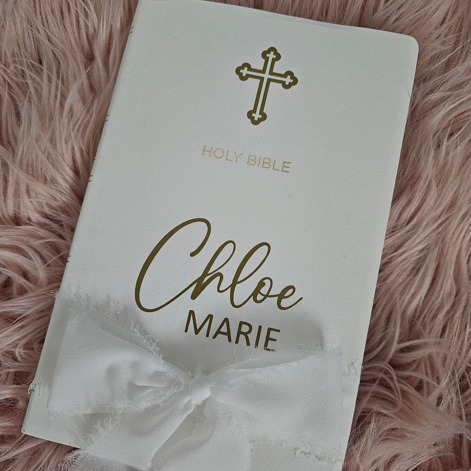 Personalised Orthodox Bible with a custom gold foil name, Orthodox cross, and navy blue ribbon – a perfect baptism or christening gift.