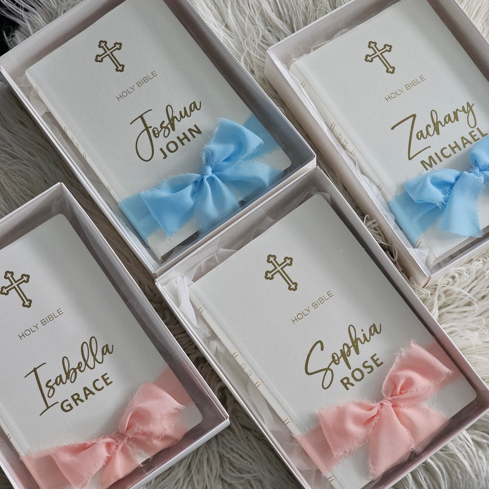 Personalised Orthodox Bible with a custom gold foil name, Orthodox cross, and ribbon – a perfect baptism or christening gift.