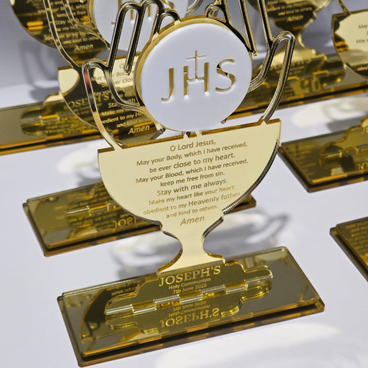 15 cm gold mirror Holy Communion chalice bomboniere with engraved prayer,  host, and personalised name tag