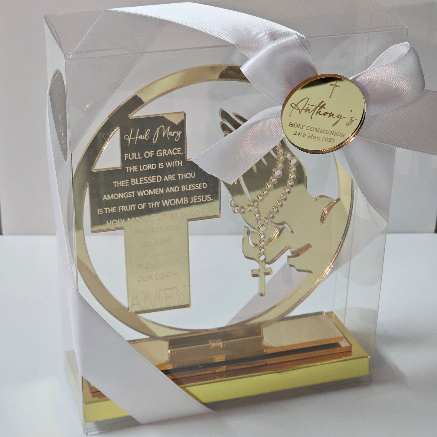 15 cm gold mirror Hail Mary bomboniere with engraved praying hands rosary and personalised Communion tag in gift box