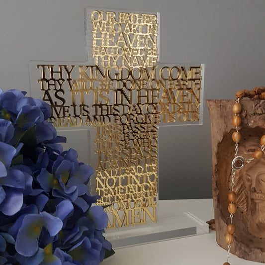 Clear acrylic cross and base with 3D gold mirror acrylic “Our Father” text applied in layered format.