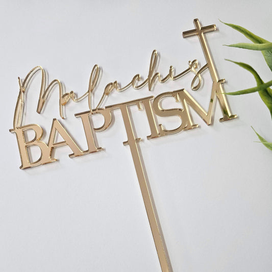 Elegant baptism cake topper featuring a custom name in script and block letters, accented with a cross. Perfect for christenings and religious celebrations.