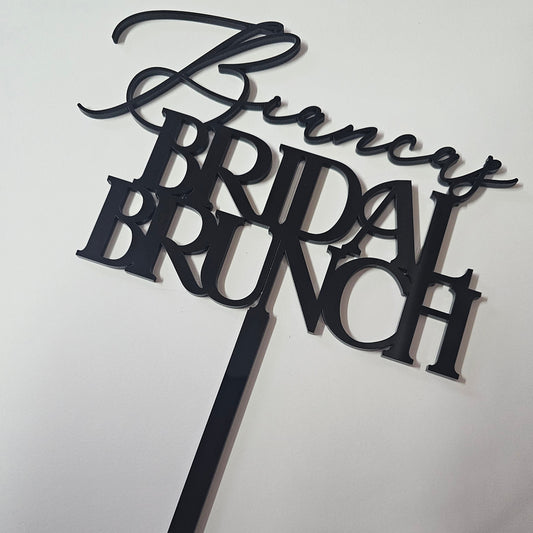 Custom "Bianca's Bridal Brunch" acrylic cake topper with stylish script, perfect for bridal showers, engagement parties, and wedding brunches.