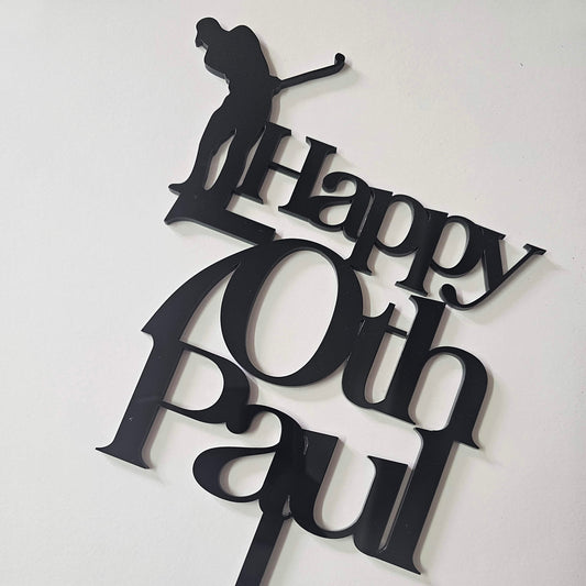 Personalized hockey birthday cake topper featuring "Happy 70th" with a Golf player silhouette.