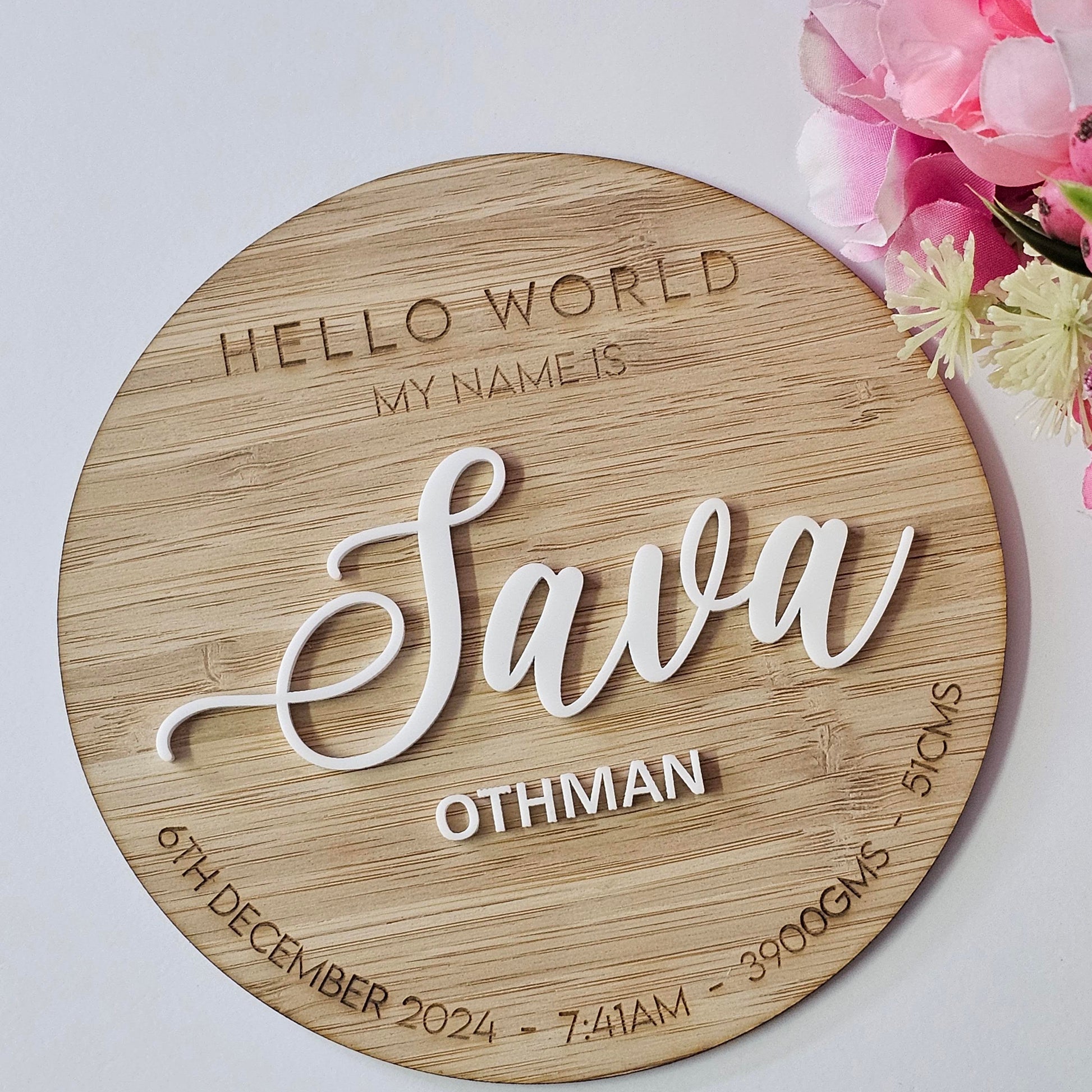 Bamboo baby birth announcement plaque with engraved details and raised acrylic text for fill-in birth information