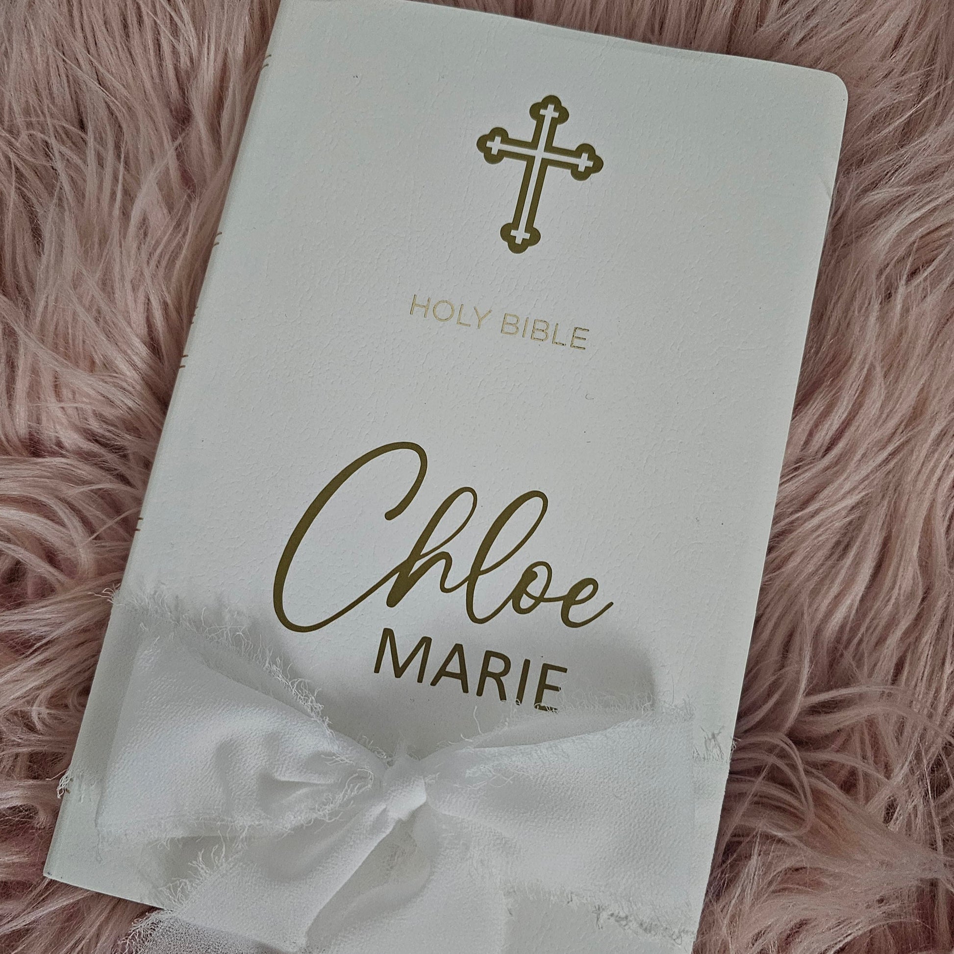 Personalised Orthodox Bible with a custom gold foil name, Orthodox cross, and ribbon – a perfect baptism or christening gift.