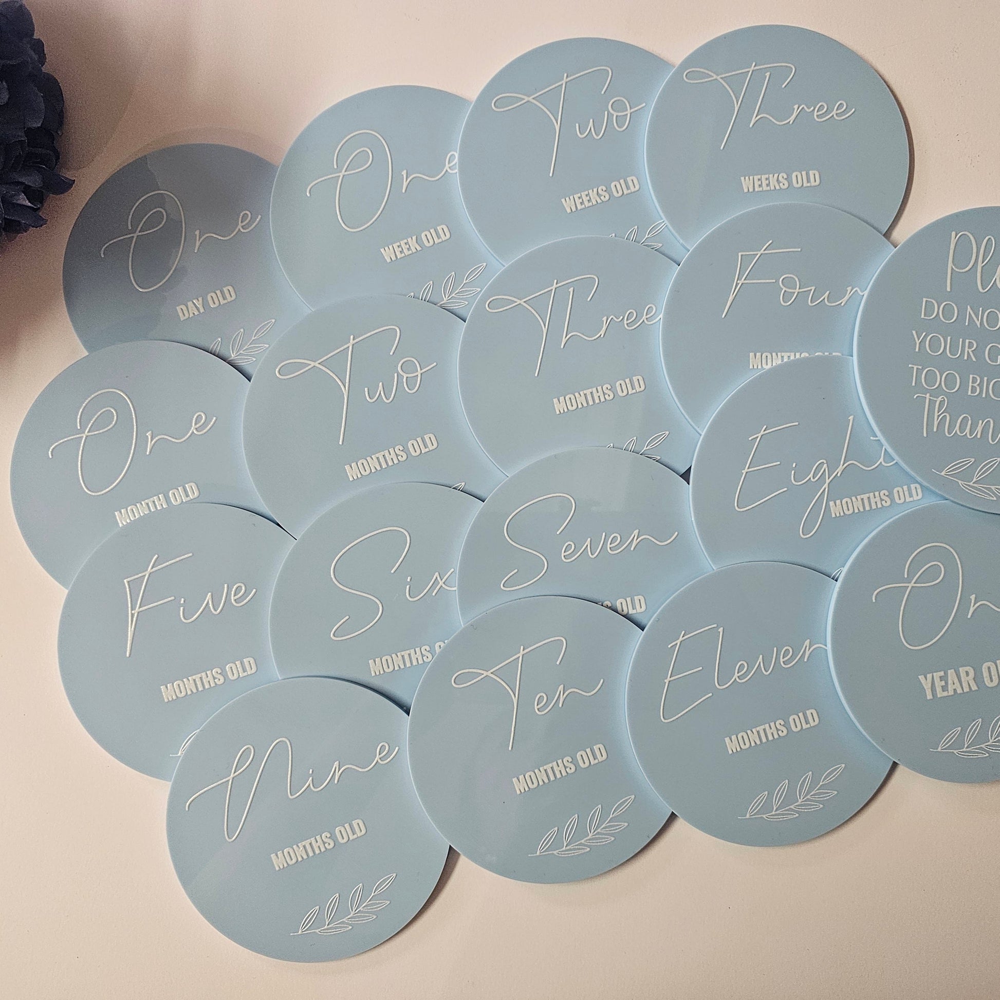 Set of round light blue acrylic baby milestone discs with white text, including age markers from one day to one year and a germ safety message