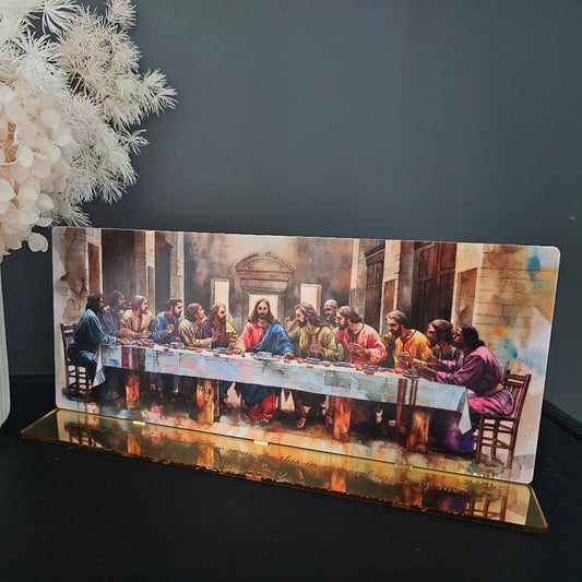 UV printed acrylic Last Supper plaque mounted on gold mirror base engraved with Luke 22:19, ideal for faith-based display or gifting.