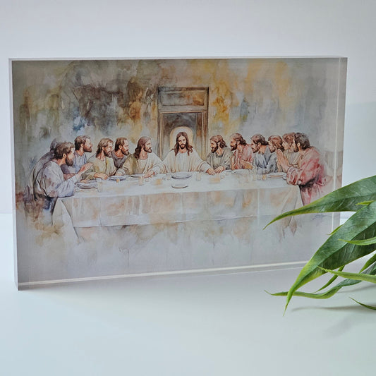 23cm x 15cm clear acrylic block with UV printed Last Supper scene, 20mm thick with polished finish for standalone display.