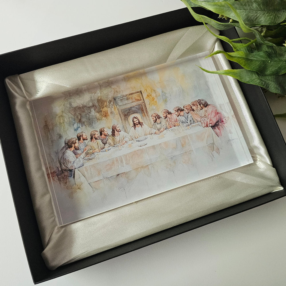 Framed acrylic artwork of The Last Supper in black display box with white satin lining