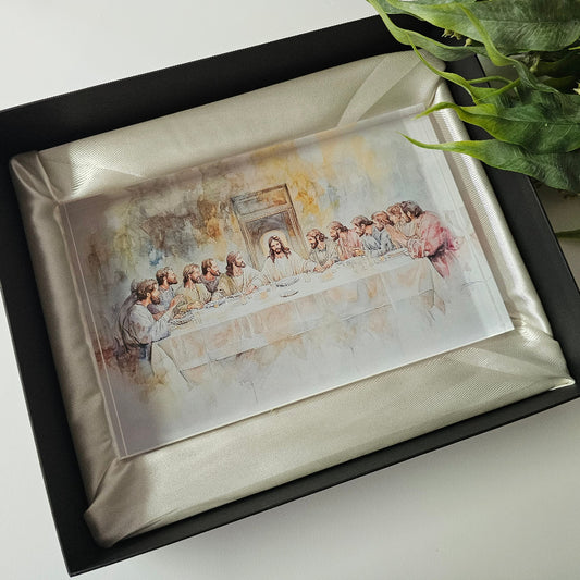 Framed acrylic artwork of The Last Supper in black display box with white satin lining