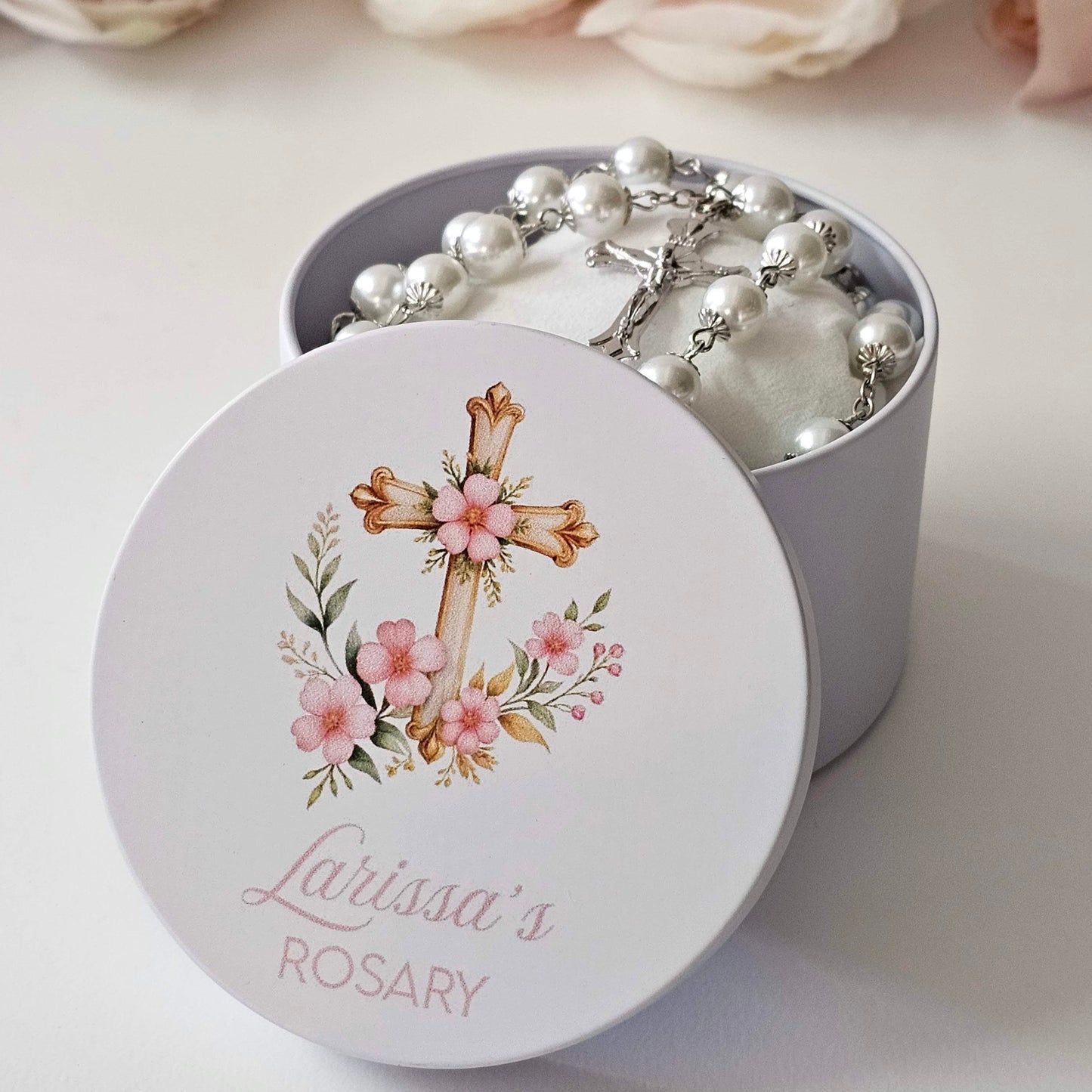 Personalised Rosary Keepsake Containers – Pastel UV printed with Custom Name
