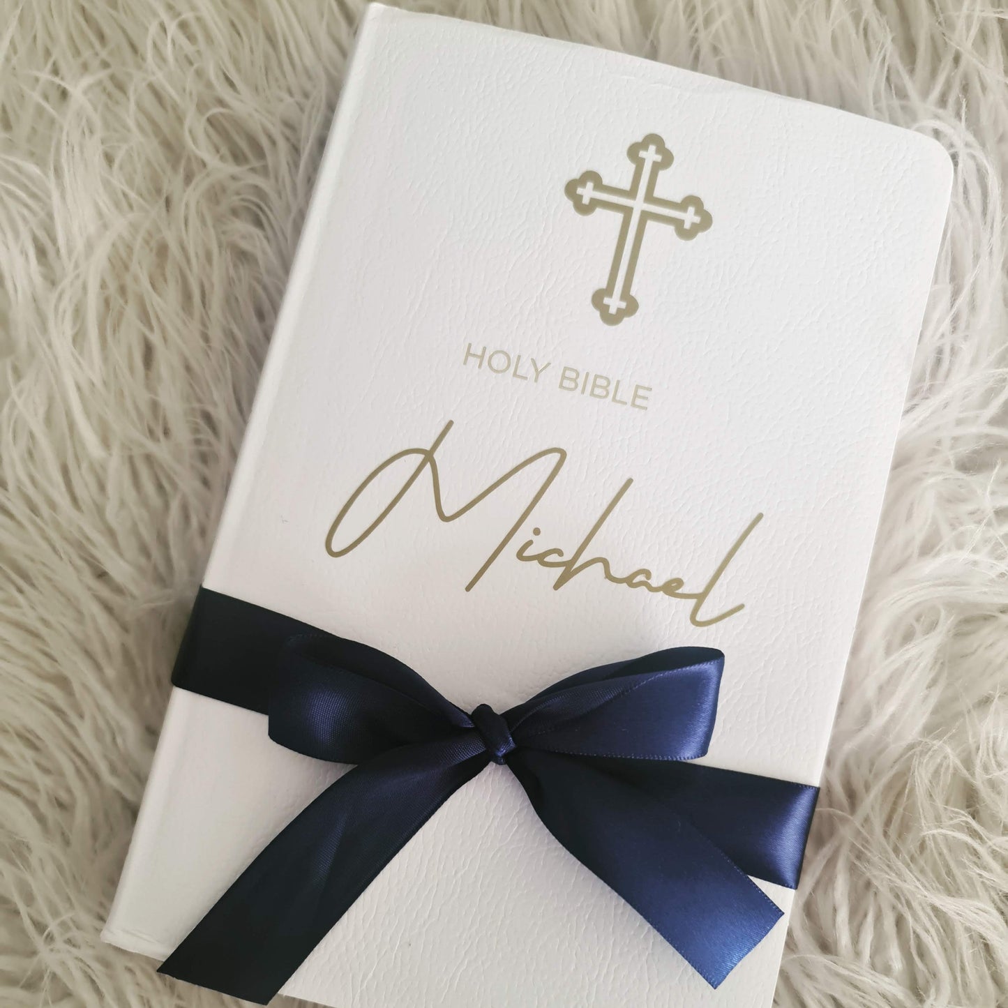 Personalised Orthodox Bible with a custom gold foil name, Orthodox cross, and ribbon – a perfect baptism or christening gift.