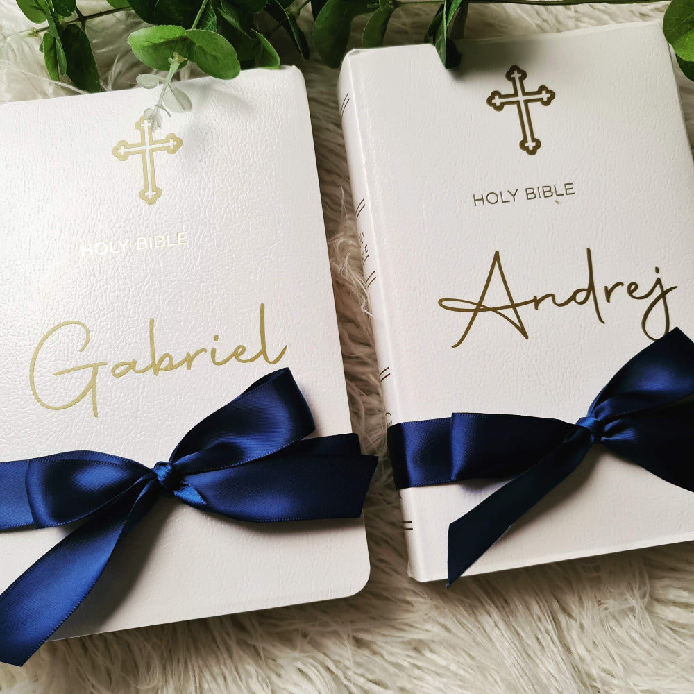 Personalised Orthodox Bible with a custom gold foil name, Orthodox cross, and ribbon – a perfect baptism or christening gift.
