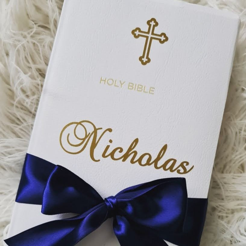 Personalised Orthodox Bible with a custom gold foil name, Orthodox cross, and ribbon – a perfect baptism or christening gift.