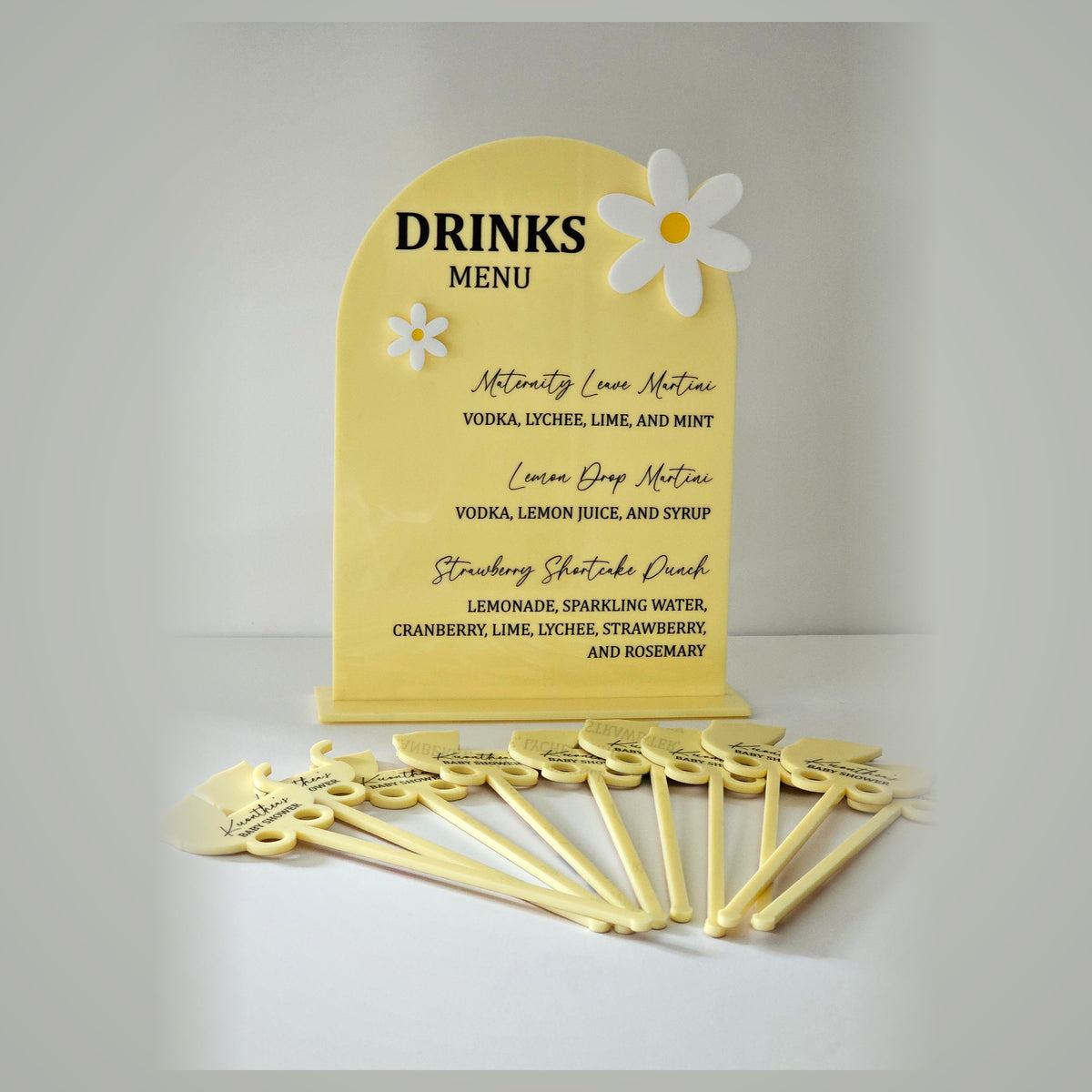 Acrylic drinks menu sign with matching drink stirrers - personalised party bar set