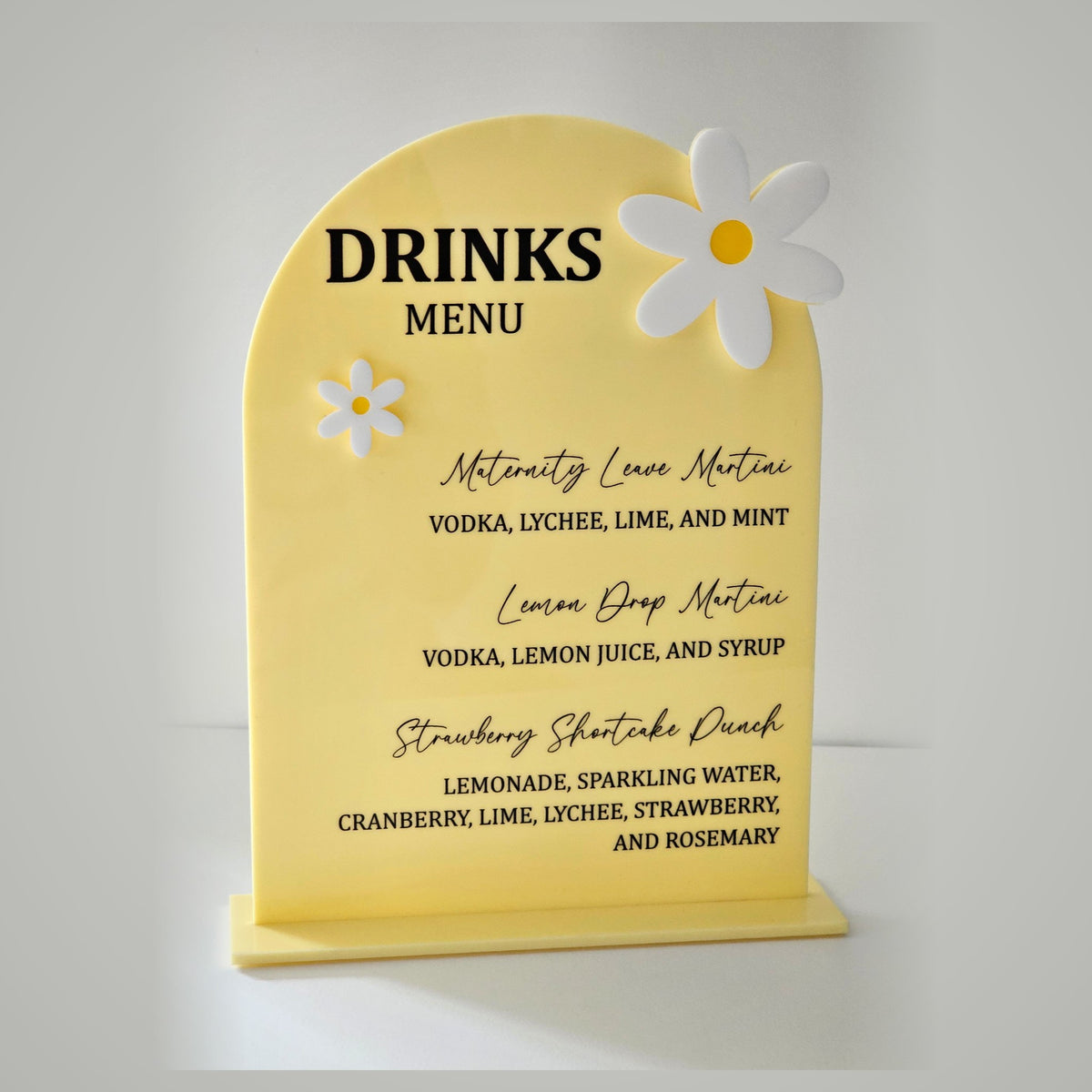 Freestanding yellow acrylic drinks menu - custom cocktail menu for birthday or baby shower