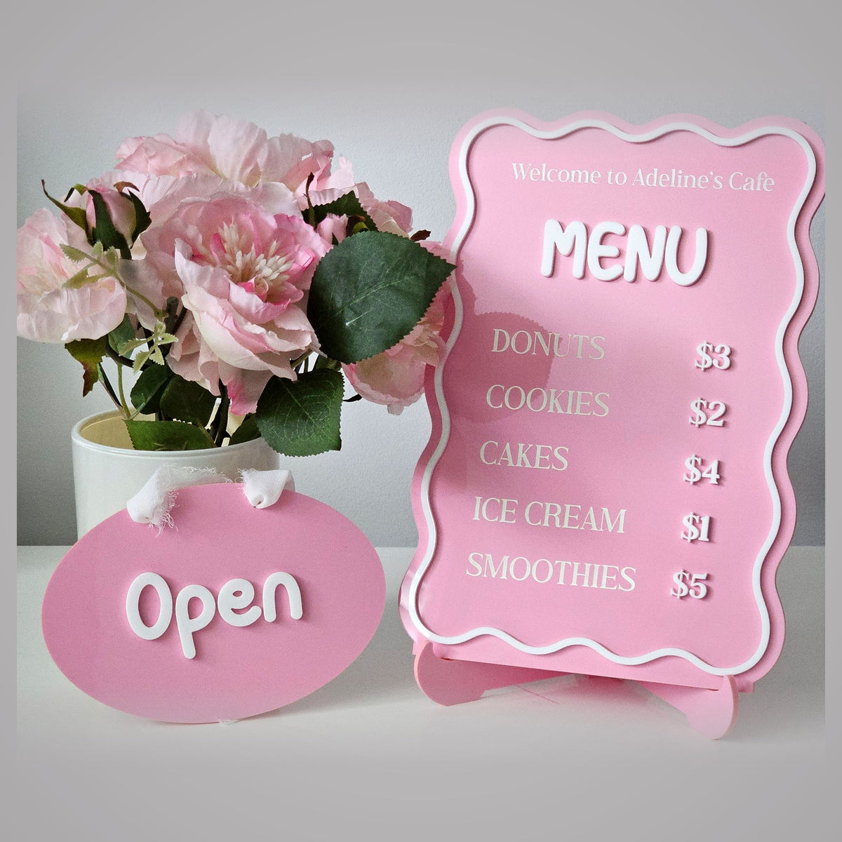 Pink wavy acrylic menu sign with matching open sign - custom cafe and event signage set