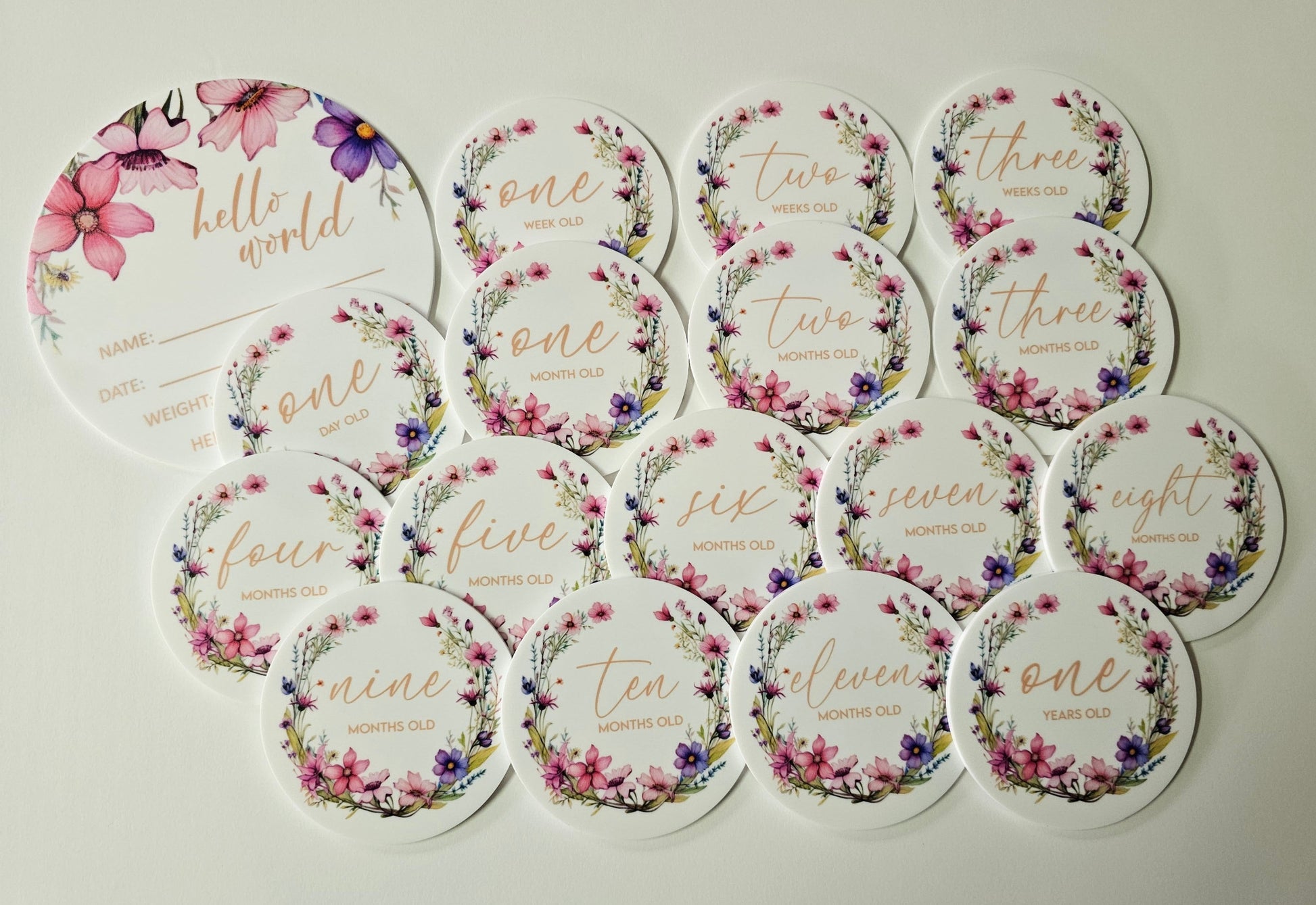 Complete floral milestone disc set for baby photos, 13 UV-printed acrylic discs on white background
File name:
