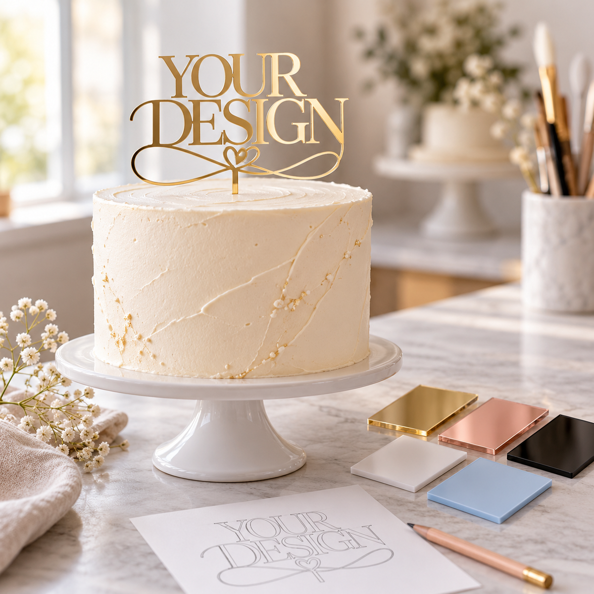 Illustrative gold mirror acrylic cake topper reading Your Design beside acrylic colour samples
