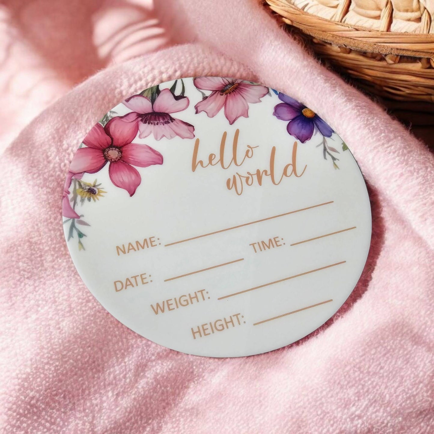 Floral acrylic Hello World baby announcement disc UV printed with name and birth details