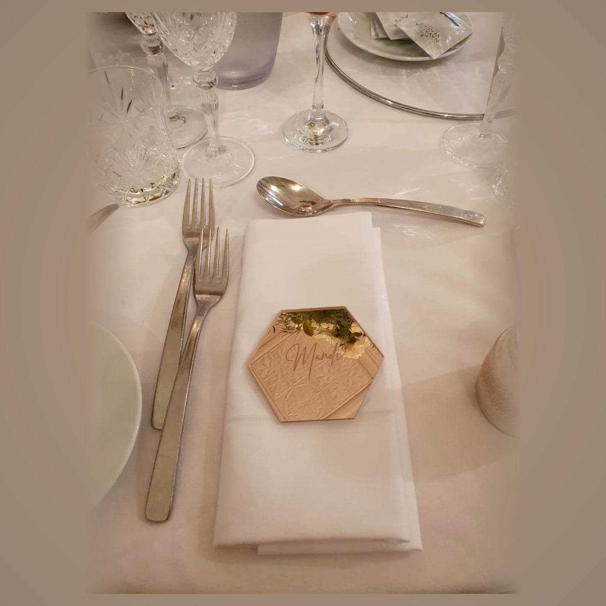 Gold mirror hexagon name place card on wedding table setting - personalised acrylic place card