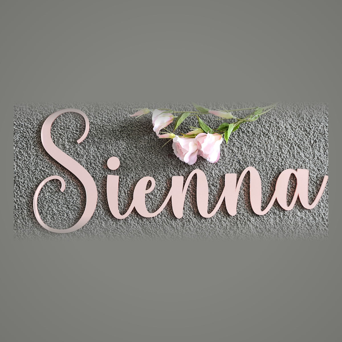 Blush pink personalised acrylic name sign with flowers - custom script name for nursery or baby shower decor