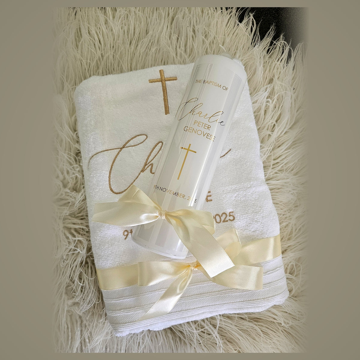 Personalised christening towel and matching baptism candle with name, date and gold cross - christening set