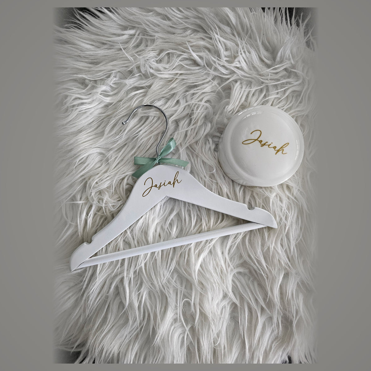 White personalised kids coat hanger with acrylic name - christening and page boy outfit hanger