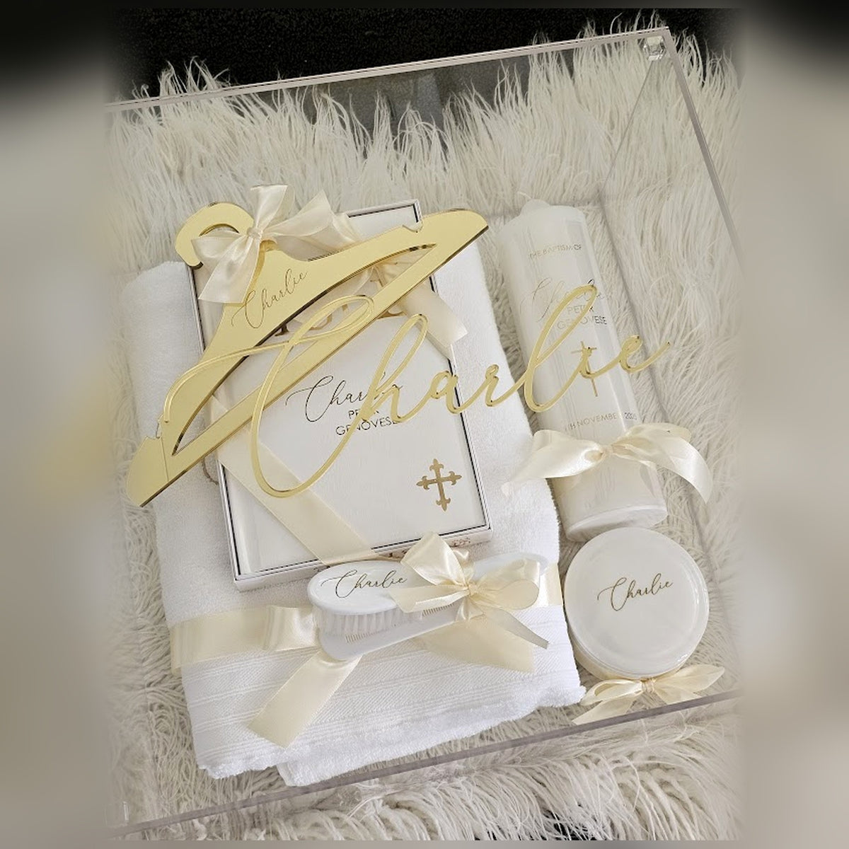 Luxury personalised christening gift box with towel, candle, gold mirror hanger, brush and trinket - every item personalised