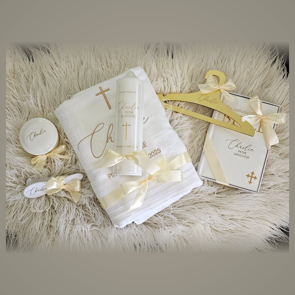 Personalised baptism gift set with towel, candle, hanger and keepsakes