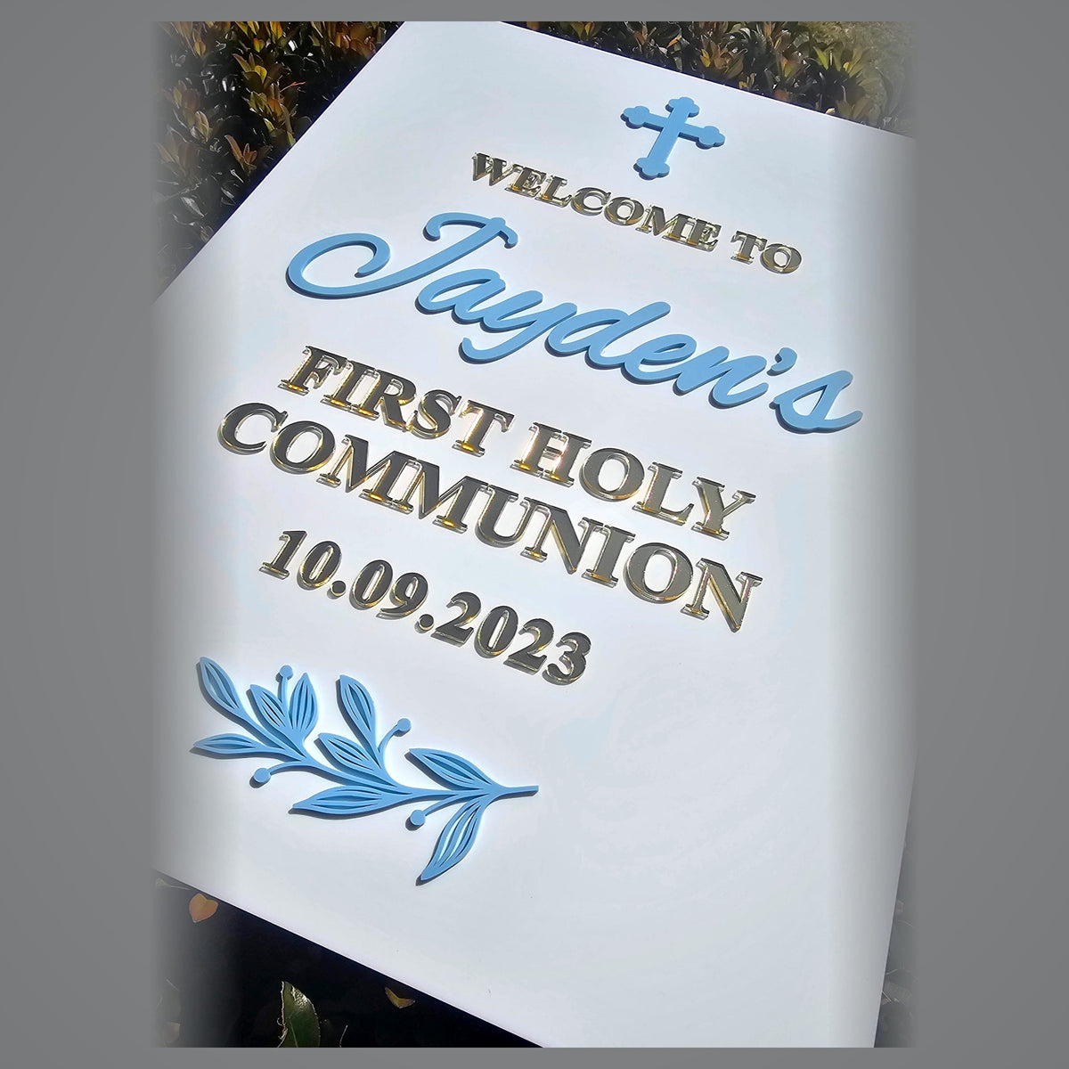 White acrylic Welcome to First Holy Communion sign with name, date and olive leaves - personalised religious event sign