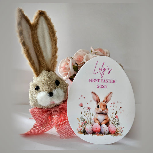 Personalised First Easter egg plaque with bunny print and child name - acrylic Easter keepsake