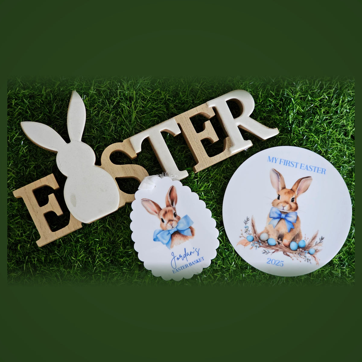 Personalised My First Easter egg plaques styled with an EASTER word sign