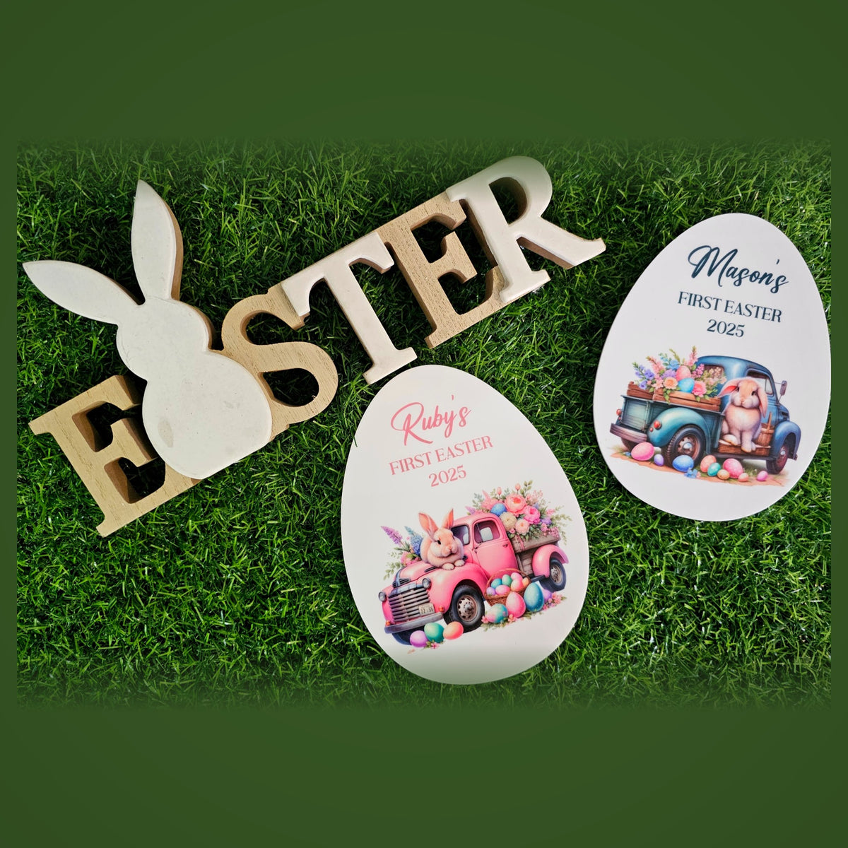 Personalised Easter egg name plaques displayed on grass - kids Easter gift