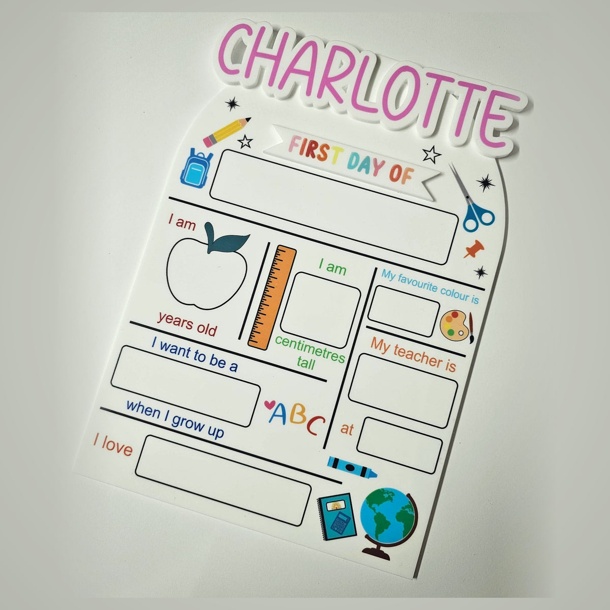 Pastel personalised first day of school board - reusable acrylic back to school sign