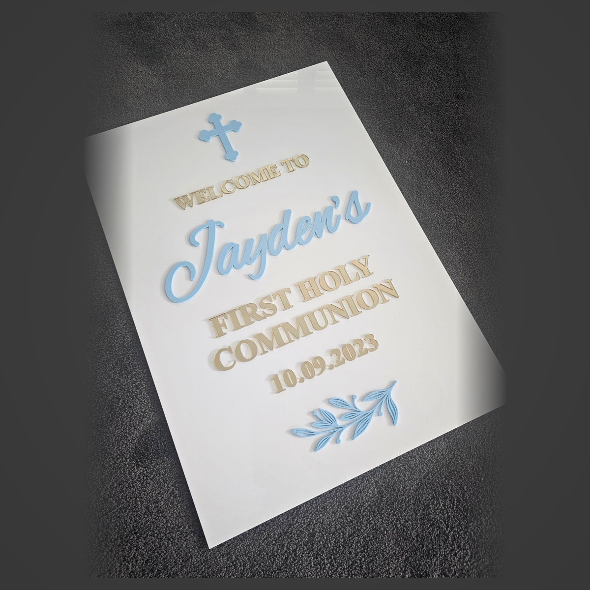 Personalised First Holy Communion welcome sign with blue cross and name - custom acrylic event sign