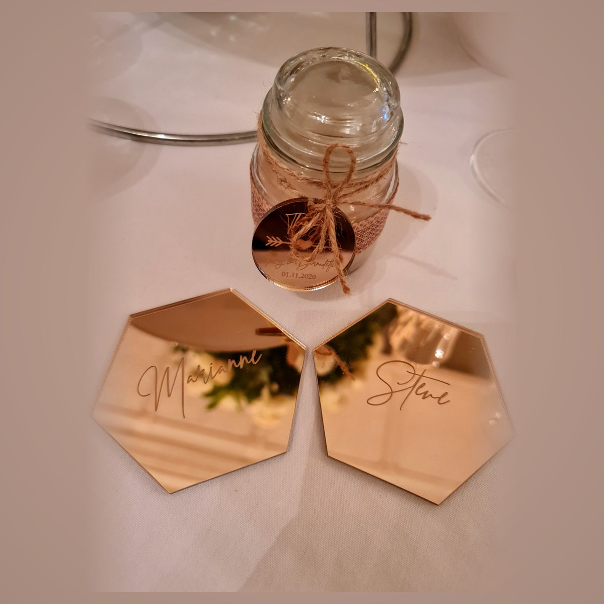 Gold mirror acrylic hexagon place cards engraved with guest names - personalised wedding table settings