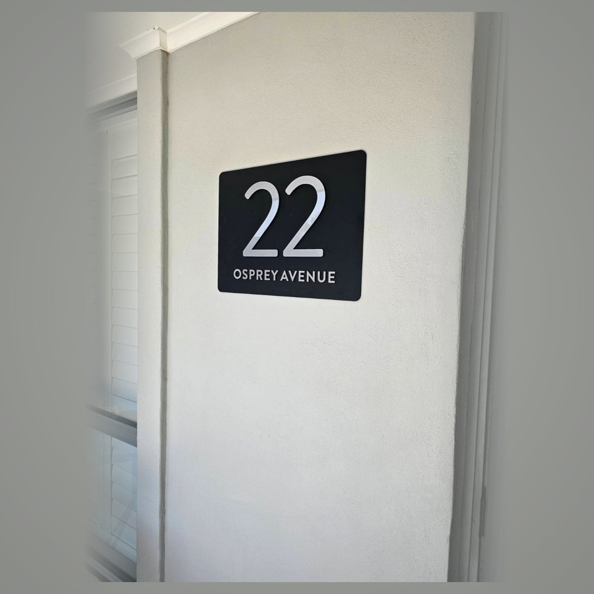 Black acrylic house number sign with street name - modern custom address plaque by front door