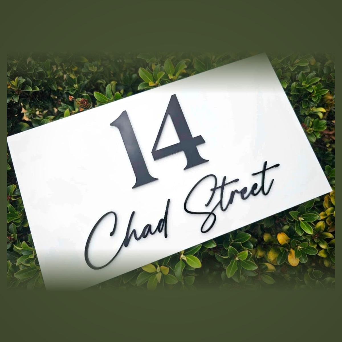 White double layer acrylic house number and street name sign with black lettering - personalised address plaque