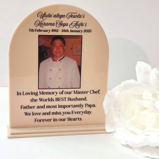 Personalised In Loving Memory photo plaque with name, dates and verse - acrylic memorial keepsake