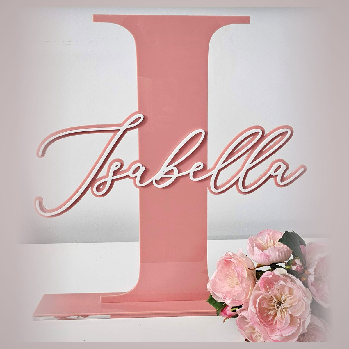 Dusty pink personalised initial letter I name sign with roses - acrylic christening and baby shower decor