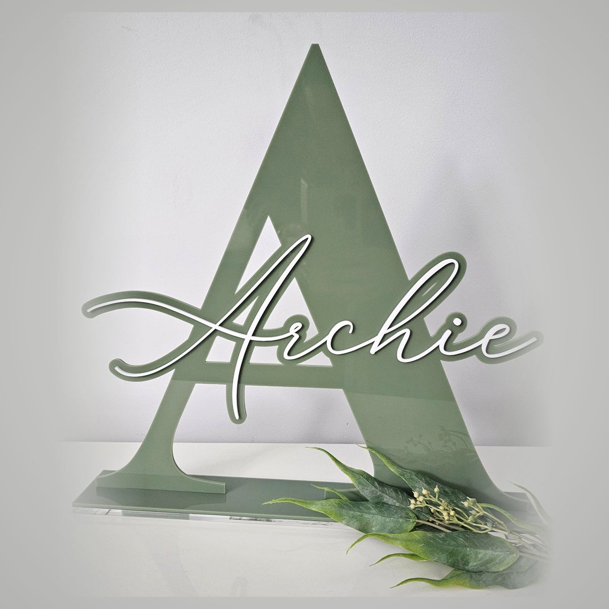 Sage green acrylic initial letter A with script name - custom baby name sign for nursery shelf