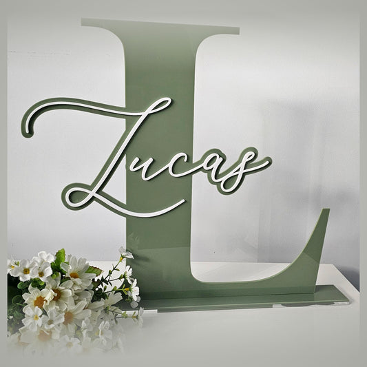 Sage green personalised initial letter L sign with layered script name - freestanding acrylic nursery decor