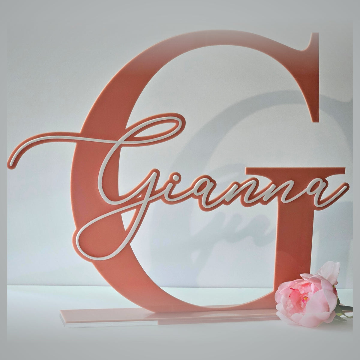 Terracotta acrylic initial letter G name sign with white script name - custom kids bedroom decor